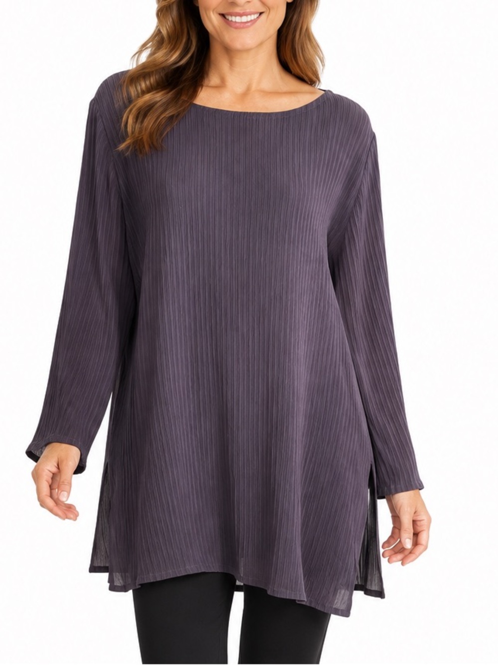 Eileen Fisher Crinkled Deep Purple Tunic Silk Georgette Long Sleeve Slits Size L